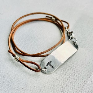 Medical Alert Bracelet with Rounded Stainless Steel Bar and Leather Wrap Cord, Medical ID Bracelet, Custom Leather Bracelet