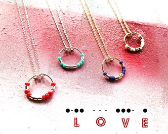 Morse Code Beaded Circle Necklace: Sterling Silver or Gold Filled