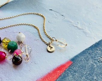 Custom Initial Charm and Birthstone Necklace, Tiny Initial Charm Necklace with Gemstone