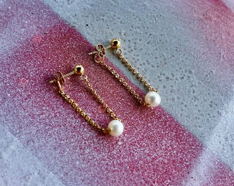 Chain Hoop Studs with Freshwater Pearls, Freshwater Pearl Stud Earrings with Chain, Slider Pearl Chain Hoop Earrings