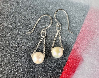 Large Freshwater Pearl Slider Chain Hoops, Freshwater Pearl Drop Earrings with Chain