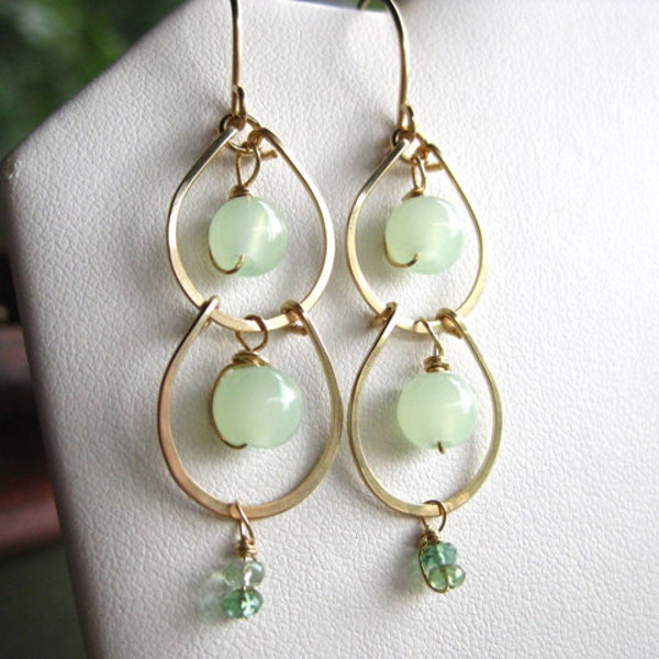 Seafoam Jade, Watermelon Tourmaline, and Gold Filled Loop Earrings