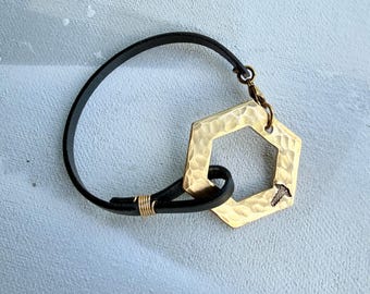 Open Hexagon Leather Medical Alert Bracelet: Hammered Brass ID