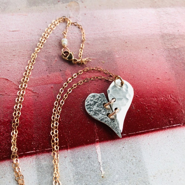 Mended Heart Necklace, Broken Heart Necklace, Two Halves Heart Necklace