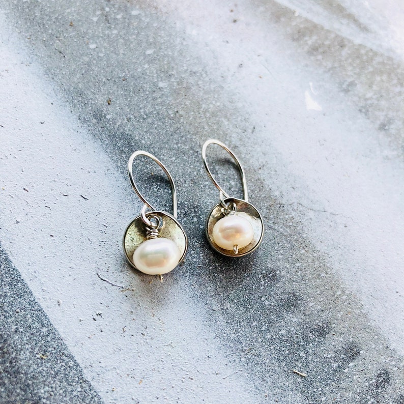 Oyster Pearl Earrings, Pearl Earrings, Hammered Disc Earrings, Everyday Earrings, Gifts for Her, Dome Earrings image 8