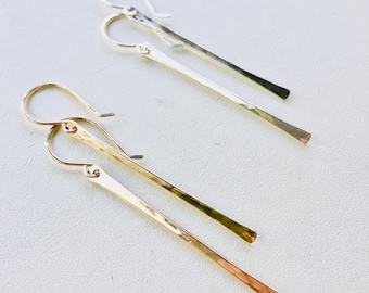 Hammered Bar Earrings: Sterling Silver or Gold Filled, Long Minimalist Style