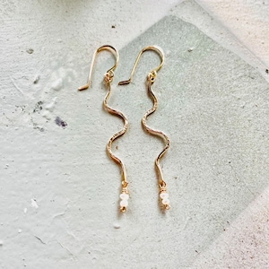 Wavy Dangle Earrings, Long Dangle Earrings with Birthstone