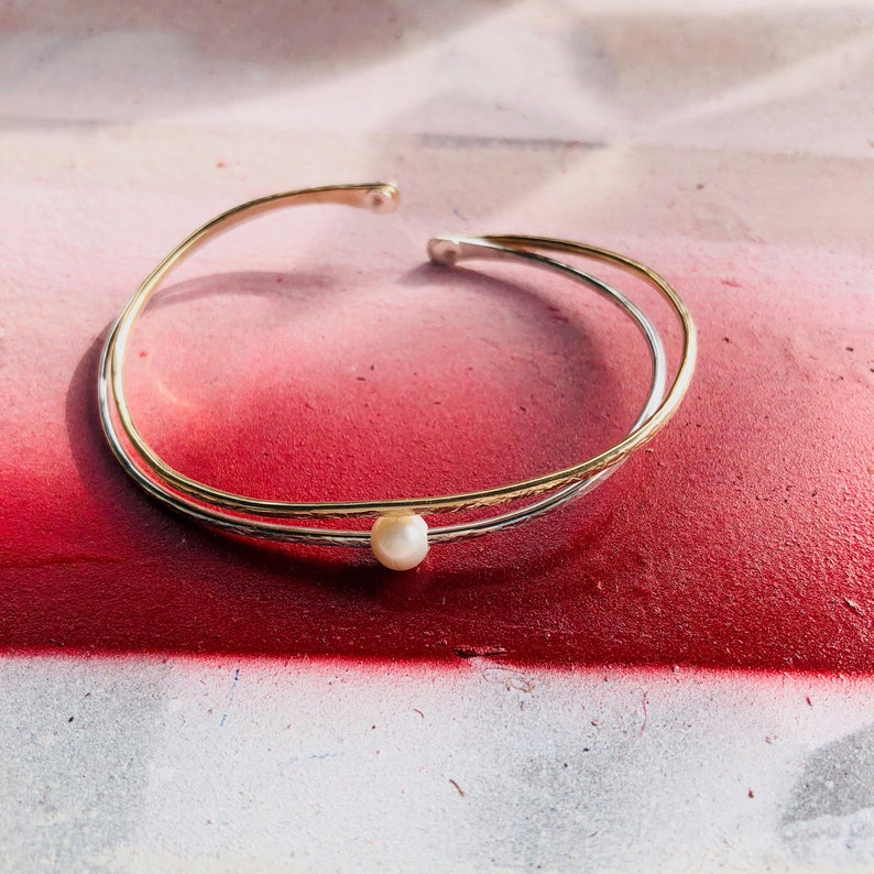 Two Wire Cuff Bracelet With Pearl Gold Cuff Bracelet With Etsy