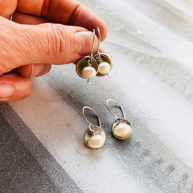 Oyster Pearl Earrings, Pearl Earrings, Hammered Disc Earrings, Everyday Earrings, Gifts for Her, Dome Earrings image 7