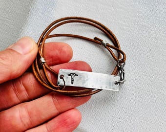 Custom Medical Alert Bracelet: Stainless Steel Bar, Leather Wrap