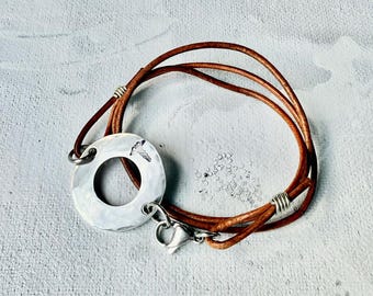 Custom Medical Alert Bracelet: Stainless Steel Open Circle Charm, Leather Wrap Cord, Color Options