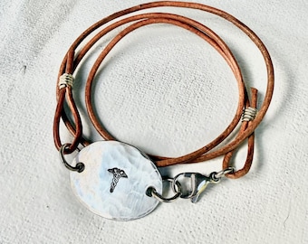 Custom Medical Alert Bracelet: Stainless Steel Oval Charm, Leather Wrap Cord, Color Options