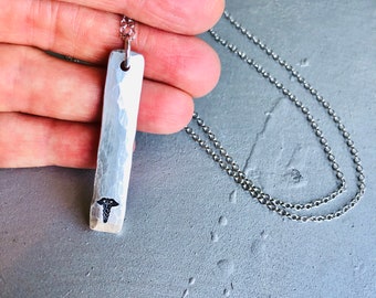 Medical Alert Pewter Bar Necklace, Personalized Vertical Bar Necklace