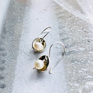 Oyster Pearl Earrings, Pearl Earrings, Hammered Disc Earrings, Everyday Earrings, Gifts for Her, Dome Earrings image 4