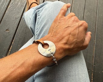Offset Open Circle Leather Medical Alert Bracelet: Hammered Stainless Steel ID