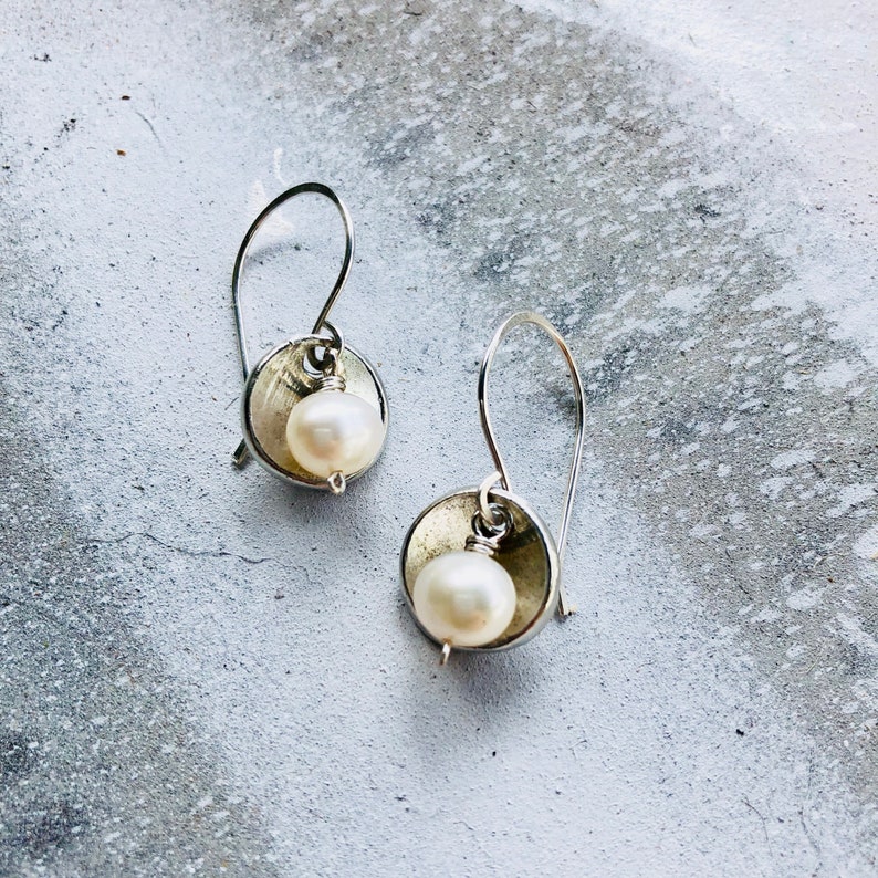 Oyster Pearl Earrings, Pearl Earrings, Hammered Disc Earrings, Everyday Earrings, Gifts for Her, Dome Earrings image 1