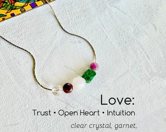 Sliding Gemstone Necklace with Love, Trust, Open Heart, Intuition Energy Cluster