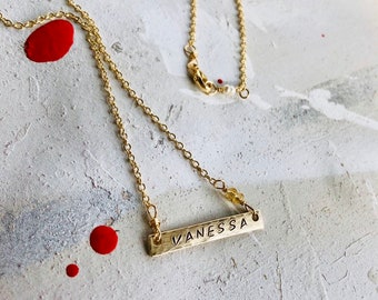 Small Attached Bar Necklace with Birthstone, Gold Bar Necklace, Silver Bar Necklace, Personalized Birthstone Necklace