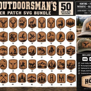 Op de afbeelding: Een digitale collectie van 50 lederen patch SVG-ontwerpen genaamd The Outdoorsman's Leather Patch SVG Bundle. De afbeelding toont diverse outdoor-thema iconen waaronder herten, vissen, vogels, bergen en bomen, naast voorbeelden van patches op petten.