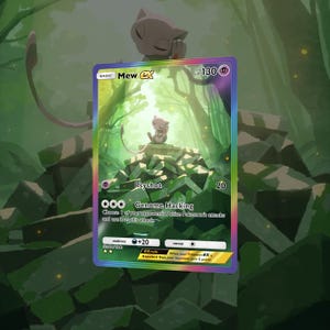 May include: A Pokemon trading card featuring Mew EX, a pink and white cat-like Pokemon. The card has a green background with a forest scene and the text "BASIC Mew EX HP 130". The card has two attacks: "Psyshot" and "Genome Hacking".