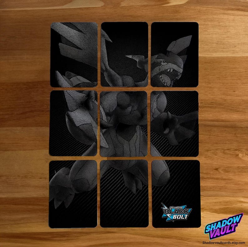 May include: Nine black trading card sleeves with a detailed illustration of a dragon-like creature. The cards have a textured appearance and are arranged in a 3x3 grid. The bottom right card features the text "BLACK BOLT" and the "SHADOW VAULT" logo.