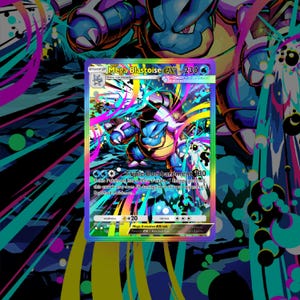 以下が含まれることがあります： 青、黄、紫色のホログラフィックMega Blastoise EXポケモンカード。「Mega Blastoise EX 230」と「Triple-Bombardment 130」の文字。背景はカラフルな抽象的なデザイン。