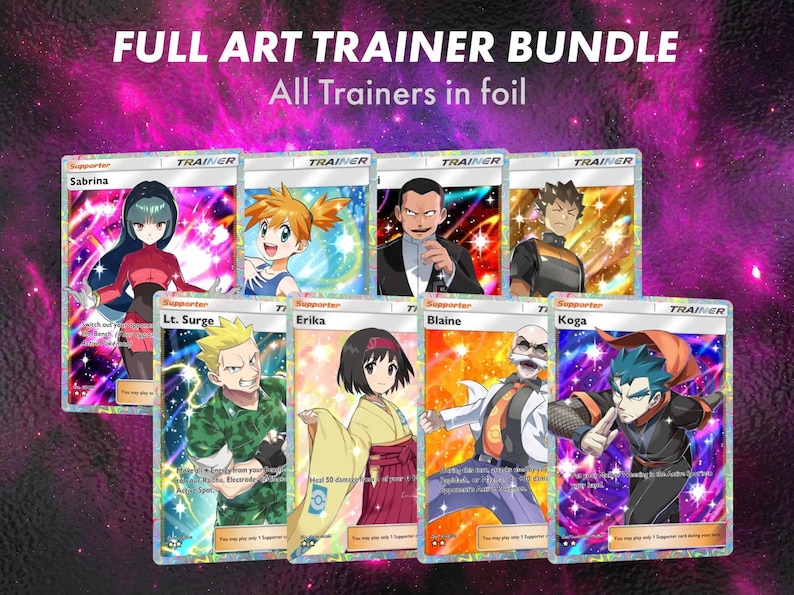 Unofficial Custom Pokémon TCG Trainer Card - Pokémon TCG Pocket App - Sabrina, Misty, Giovanni, Blaine, Brock, Ericka, Koga, Lt. Surge 8 Trainer Bundle