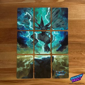 May include: Nine trading cards featuring a fantasy creature with a dark color scheme, set against a backdrop of teal lightning and stormy skies. The cards are arranged in a grid pattern on a wooden surface. The "Black Bolt" logo is visible.