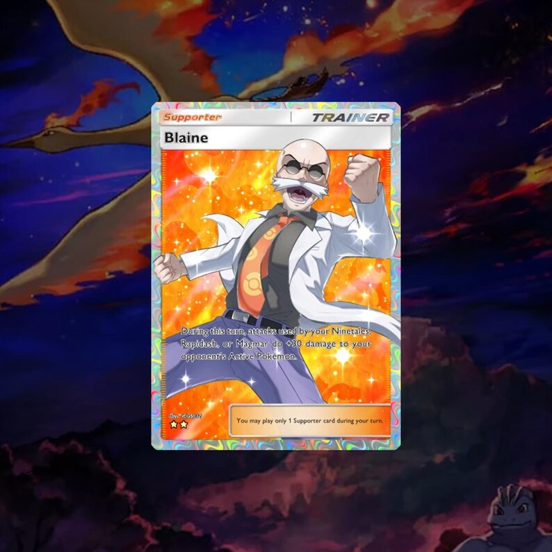 May include: A Pokemon trading card featuring Blaine, a character from the Pokemon video game series. The card is a Trainer card and has a yellow and orange background with a picture of Blaine in a white lab coat. The card text reads "During this turn, attacks used by your Ninetales, Rapidash, or Magmar do 30 damage to your opponent's Active Pokemon."
