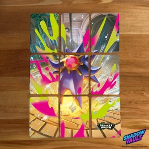 May include: Nine square cards with colorful abstract art and a central image of a purple and gold starburst. The cards feature neon green and pink paint strokes. The words "PERFECT ORDER" and "SHADOW VAULT" are visible.