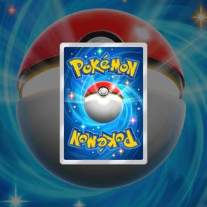 May include: A blue and white Pokemon card with a Pokeball graphic and the word "Pokemon" written in a stylized font.