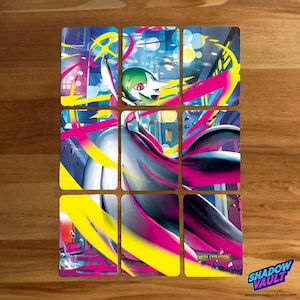 Könnte beinhalten: Neun Sammelkarten mit einer farbenfrohen Illustration von Gardevoir, mit rosa, gelben und blauen Akzenten. Die Karten sind in einem 3x3 Raster auf einer Holzoberfläche angeordnet. Der Text "Mega Evolution" ist auf einer Karte zu sehen.