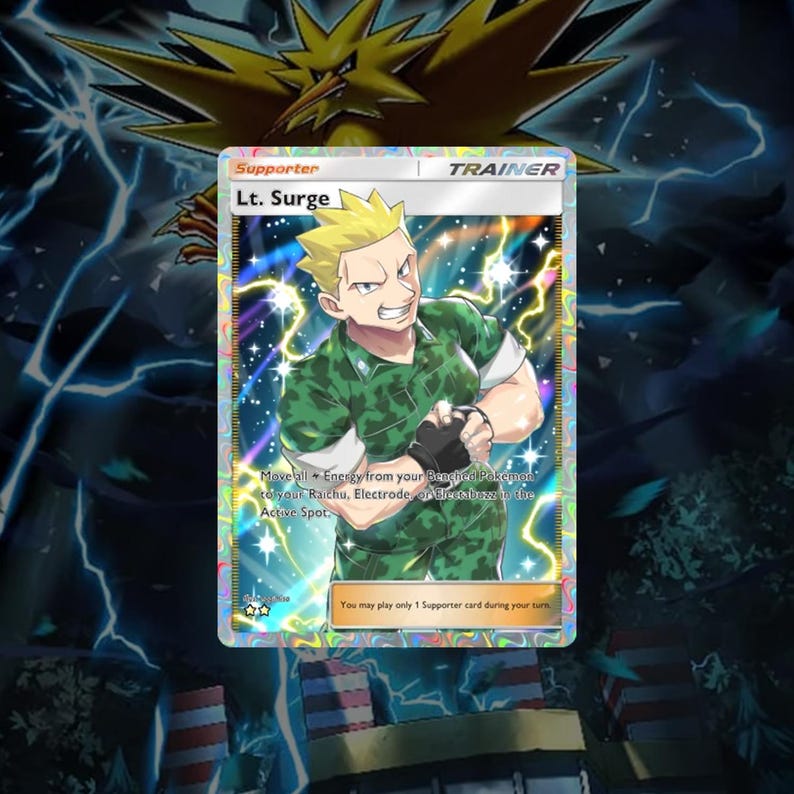 May include: A Pokemon trading card featuring Lt. Surge, a supporter card. The card has a holographic background with a blue, green, and white color scheme. The card text reads: "Move all Energy from your Benched Pokemon to your Raichu, Electrode, or Electrike in the Active Spot. You may play only 1 Supporter card during your turn."