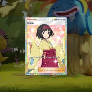 May include: A Pokemon trading card featuring Erika, a female character with short black hair wearing a yellow and red kimono. The card is a supporter card and has the text "Heal 50 damage from 1 of your Pokemon." and "You may play only 1 Supporter card during your turn."
