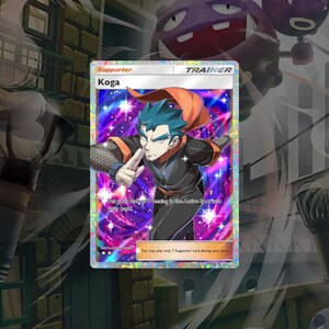 May include: A Pokemon trading card featuring Koga, a trainer from the Pokemon video game series. The card is a supporter card and has a purple, pink, and blue background with stars. The text on the card reads "Supporter, Koga, TRAINER, Put your Kikor Woning in the Active Spot into your hand. You may play only 1 Supporter card during your turn."