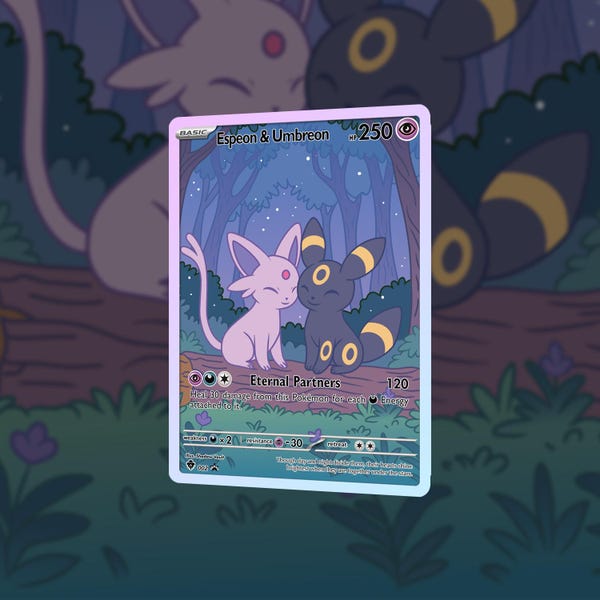 Tarjeta Pokémon personalizada de Espeon y Umbreon / "Compañeros Eternos" - Bonito fanart con arte holográfico completo / Regalo coleccionable para parejas, ella y fans de TCG