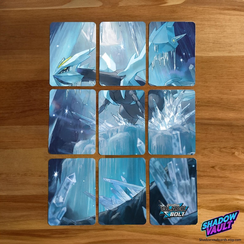May include: Nine trading cards featuring a blue and white icy landscape with a creature. The cards have a fantasy theme, with a logo that says "BLACK BOLT" and "SHADOW VAULT" in the bottom right corner.