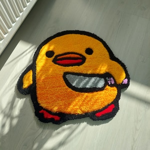 Bonita alfombra de pollito con mechones y diseño de cuchillo: divertida y única alfombra hecha a mano, alfombra de baño con pollito de dibujos animados, divertida decoración kawaii, regalo para los amantes de los pollitos.