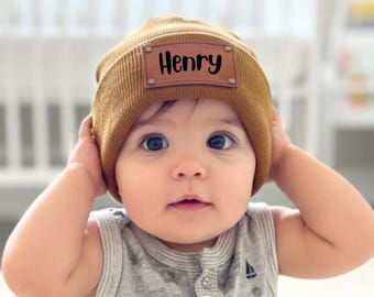 Custom Baby Beanie, Personalized Name Toddler Winter Hat,Engraved Leather Patch Beanie,Personalized Baby Christmas Gift for Newborn or Child