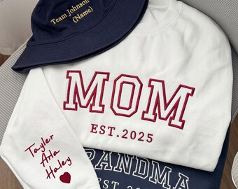 Custom Sweatshirt and Bucket Hat Set, Custom Mama Embroidered Sweatshirt with Summer Hat, Personalized Hoodie with Kids Name, New Mom Gift
