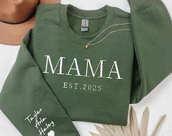Christmas Gift for Mama, Mama Embroidered Sweatshirt, Custom Mom Hoodie with Kids Name, New Mom Outfit, Pregnancy Announcement Outfit