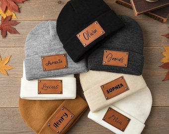 Custom Baby Beanie, Personalized Name Toddler Winter Hat,Engraved Leather Patch Beanie,Personalized Baby Christmas Gift for Newborn or Child