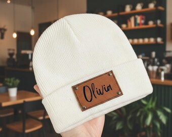 Baby Beanie, Personalized Name Toddler Winter Hat,Custom Engraved Leather Patch Beanie,Personalized Baby Christmas Gift for Newborn or Child