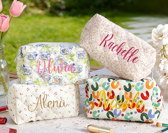 Custom Floral Makeup Bag, Personalized Embroidered Cosmetic Bag, Mother's Day Gift for Mom or Mama, Travel Toiletry Pouch, Bridesmaid Gift