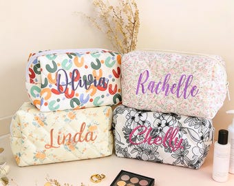 Personalized Embroidered Makeup Bag, Custom Bridesmaid Gift, Floral Monogram Toiletry Bag, Bachelorette Party Favor, Cosmetic Pouch for Her