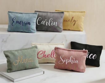 Embroidered Corduroy Makeup Bag, Personalized Monogram Cosmetic Bag for Women, Custom Name Toiletry Bag, Gift for Her, Bridesmaid Gift