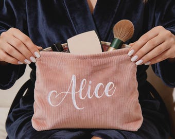 Personalized Corduroy Makeup Bag, Embroidered Name Cosmetic Bag, Monogram Toiletry Bag for Women, Bridesmaid Gift, Wedding Party Gift