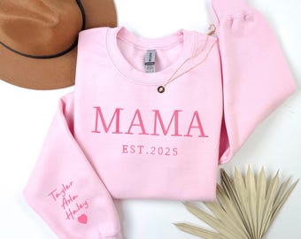 Gift for Mama Embroidered Sweatshirt, Custom Mom Hoodie with Kids Name, New Mom Outfit, Pregnancy Announcement Outfit, Mothers Day Gift