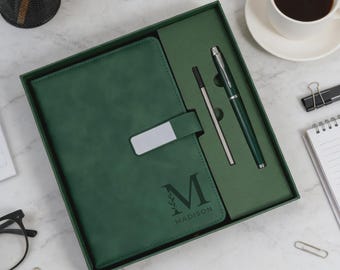 Custom Engraved Leather Notebook With Pen, Leather Journal Set, End Of Year Thank You Gift, Business Gift, Graduation Gifts, New Job Present