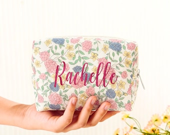 Personalized Embroidered Makeup Bag, Custom Bridesmaid Gift, Floral Monogram Toiletry Bag, Bachelorette Party Favor, Cosmetic Pouch for Her